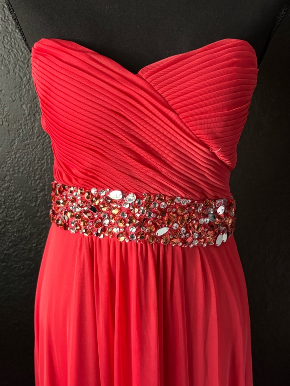 Strapless Red - orange Evening Gown with Jeweled Waist